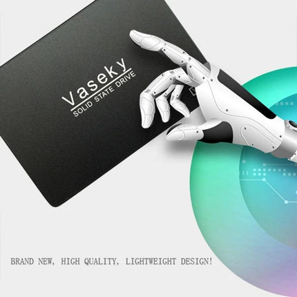 Vaseky 128GB Solid State Drive for Laptops and Desktops showing 2.5-inch SSD with robotic hand highlighting lightweight upgrade
