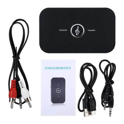 2-In-1 Bluetooth Audio Transmitter And Receiver Adapter For Home Audio - compact black unit with RCA, USB and 3.5mm cables