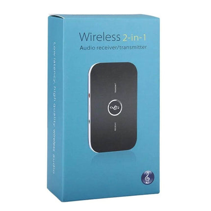 2-In-1 Bluetooth Audio Transmitter And Receiver Adapter For Home Audio in retail box showing black wireless transmitter/receiver device