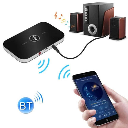 2-In-1 Bluetooth Audio Transmitter And Receiver Adapter For Home Audio connected to phone and home speakers showing wireless streaming