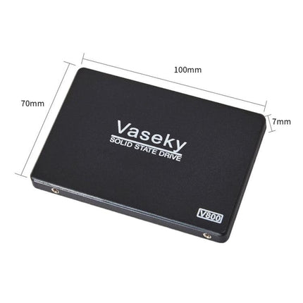 Vaseky 350GB Ultra-Slim SSD for Laptops and Desktops – compact 2.5-inch 7mm black solid state drive showing dimensions 100x70mm