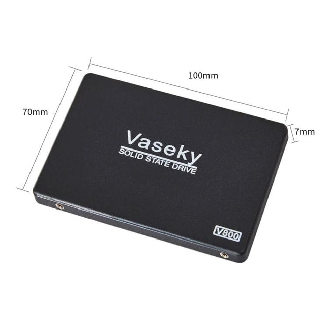 Vaseky 350GB Ultra-Slim SSD for Laptops and Desktops – compact 2.5-inch 7mm black solid state drive showing dimensions 100x70mm