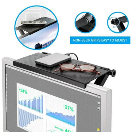 Computer Monitor Shelf for Set-Top Box and Remote Storage mounted on monitor holding set-top box remote and glasses, durable ABS organizer