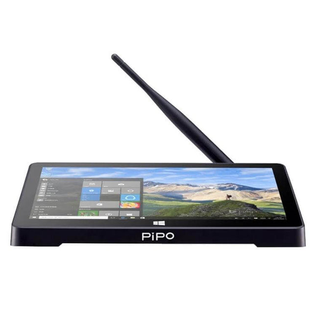 PiPo X8 Pro Mini PC with 7-Inch Touch Screen and Windows 10 Operating System front view showing touchscreen and antenna