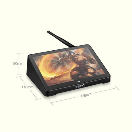 PiPo X8 Pro Mini PC with 7-Inch Touch Screen and Windows 10 Operating System compact touchscreen mini PC showing dimensions and media playback