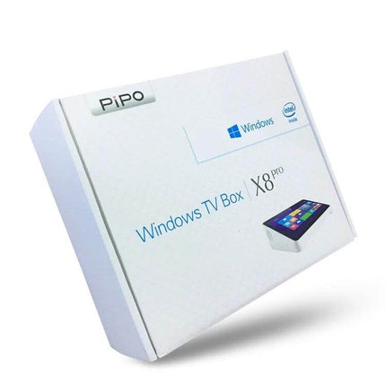 PiPo X8 Pro Mini PC with 7-Inch Touch Screen and Windows 10 Operating System boxed unit shown at angle