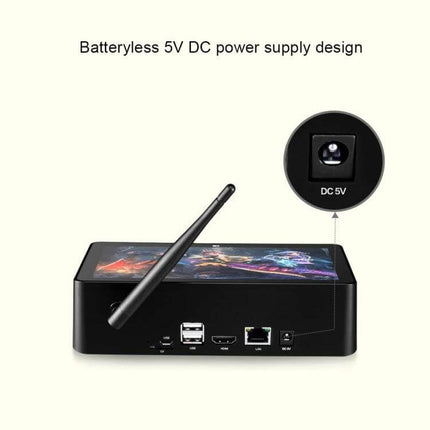 PiPo X8 Pro Mini PC with 7-Inch Touch Screen and Windows 10 Operating System showing rear ports, antenna and DC 5V power input