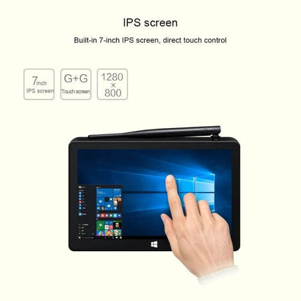 PiPo X8 Pro Mini PC with 7-Inch Touch Screen and Windows 10 Operating System showing 7-inch IPS touch display and hand tapping screen