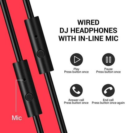OneOdio Wired Over Ear Headphones With Inline Microphone black inline mic cable showing call and playback controls