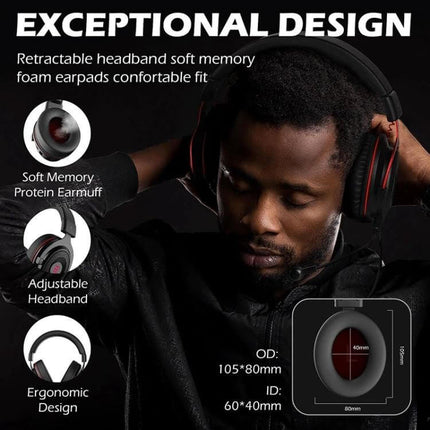 EKSA Wired Gaming Headset With Microphone For Gaming And Calls black headset on man showcasing retractable headband and mic