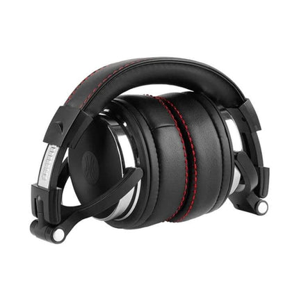 OneOdio Over-Ear Wired Headphones For Commuting And Desk Use folded black headphones with red stitching and coiled cable