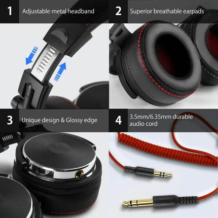 OneOdio Over-Ear Wired Headphones For Commuting And Desk Use showing adjustable headband breathable earpads coiled and straight cables