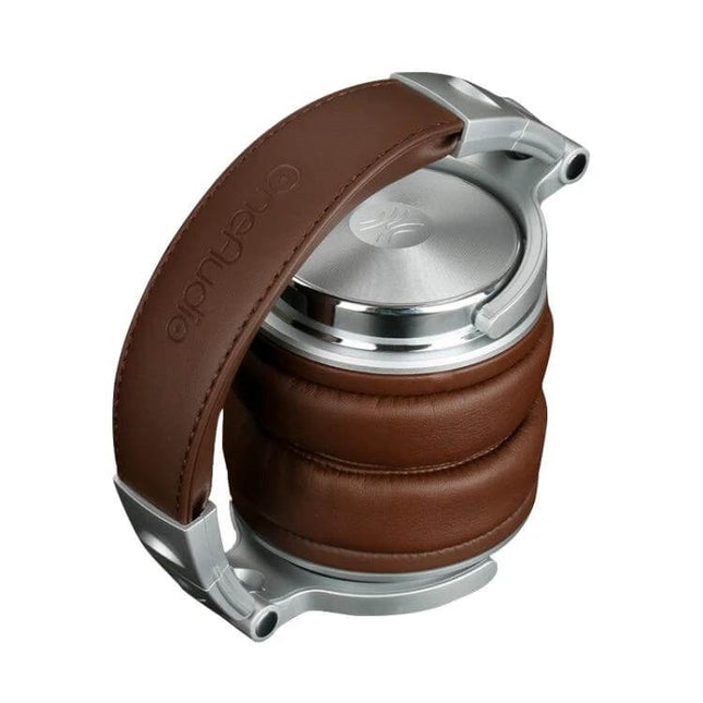 OneOdio Wired Over-Ear Headphones For Daily Listening with brown leather cushions and silver metal frame, coiled cable option