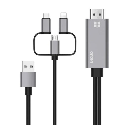 Onten 3-in-1 HD Adapter Cable for Mobile Screen Mirroring to TV – sleek 3-in-1 USB-C, Lightning, Micro USB to HDMI cable for 1080p mirroring