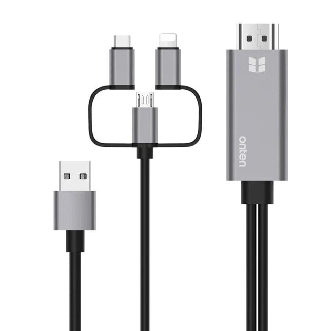 Onten 3-in-1 HD Adapter Cable for Mobile Screen Mirroring to TV – sleek 3-in-1 USB-C, Lightning, Micro USB to HDMI cable for 1080p mirroring
