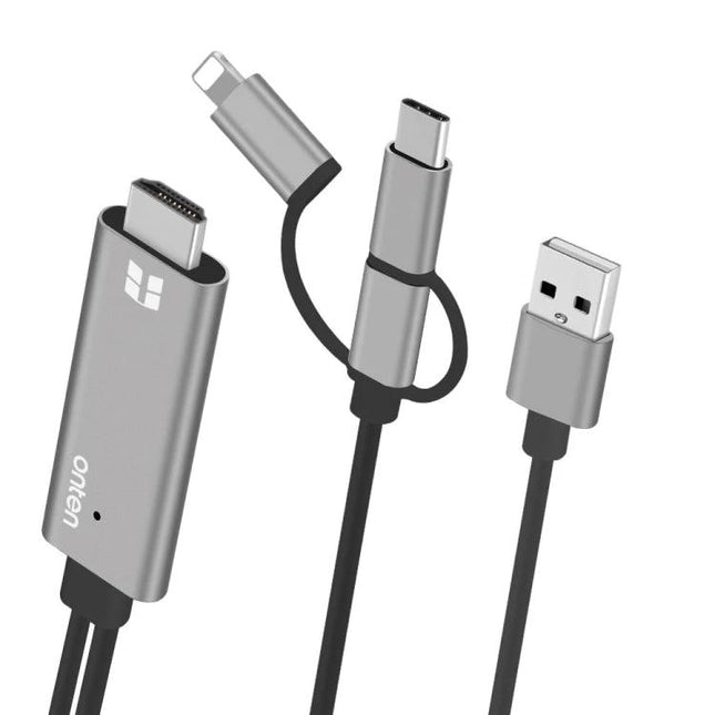 Onten 3-in-1 HD Adapter Cable for Mobile Screen Mirroring to TV — grey multi-connector cable with HDMI, USB-A, USB-C and Lightning ends