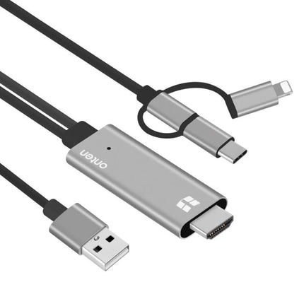 Onten 3-in-1 HD Adapter Cable for Mobile Screen Mirroring to TV — silver USB, HDMI and multi‑connector cable for 1080p phone-to-TV mirroring
