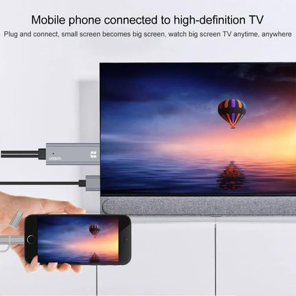 Onten 3-in-1 HD Adapter Cable for Mobile Screen Mirroring to TV connecting smartphone to HDTV showing mirrored sunset hot air balloon at 1080p
