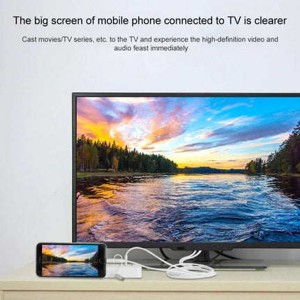 Onten 3-in-1 HD Adapter Cable for Mobile Screen Mirroring to TV showing phone mirrored to a 1080p TV with scenic lake image