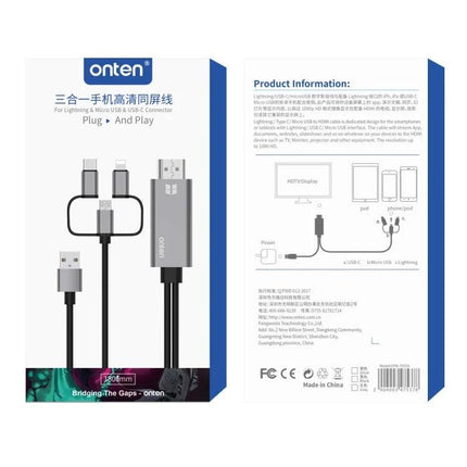 Onten 3-in-1 HD Adapter Cable for Mobile Screen Mirroring to TV showing adapter with Lightning, Micro USB and USB-C connectors and HDMI output
