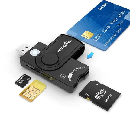 Rocketek Multi-Function Card Reader for SD, TF, and Smart Cards showing USB connector, SD, TF, microSD adapter and smart card slots for transfers and secure authentication