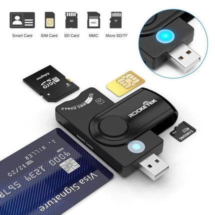 Rocketek Multi-Function Card Reader for SD, TF, and Smart Cards connected to SD, TF, SIM and smart card with USB plug for photo transfer and authentication