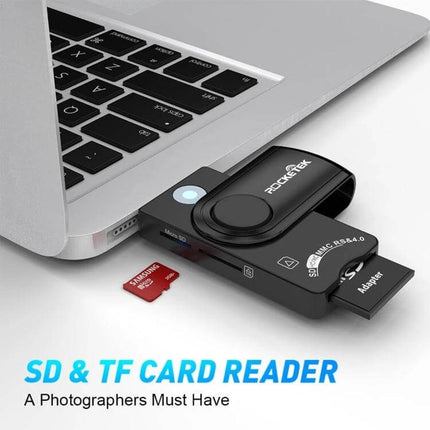 Rocketek Multi-Function Card Reader for SD, TF, and Smart Cards connected to laptop transferring SD and TF memory cards