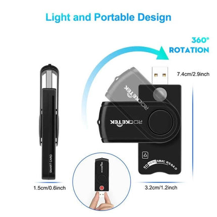 Rocketek Multi-Function Card Reader for SD, TF, and Smart Cards showing compact 360° rotating USB design with SD TF and smart card slots