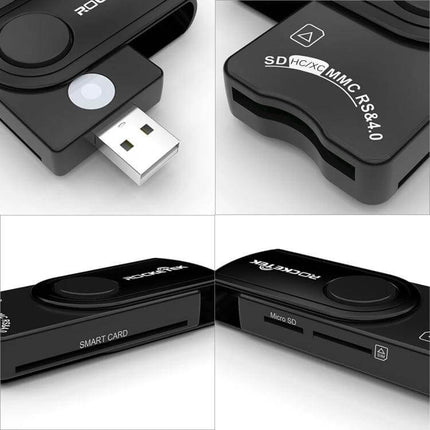 Rocketek Multi-Function Card Reader for SD, TF, and Smart Cards - compact black USB card reader showing SD, TF and smart card slots