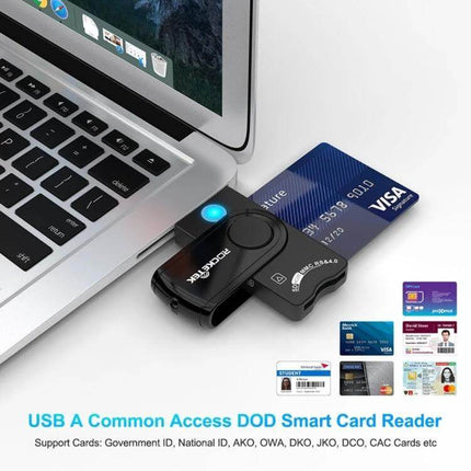 Rocketek Multi-Function Card Reader for SD, TF, and Smart Cards - USB smart card and SD/TF reader connected to laptop for secure ID, banking, photo transfer