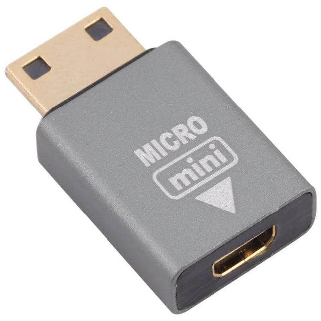 Mini HDMI to Micro HDMI Adapter for Device Connections, compact gray Mini HDMI male to Micro HDMI female adapter for cameras and monitors