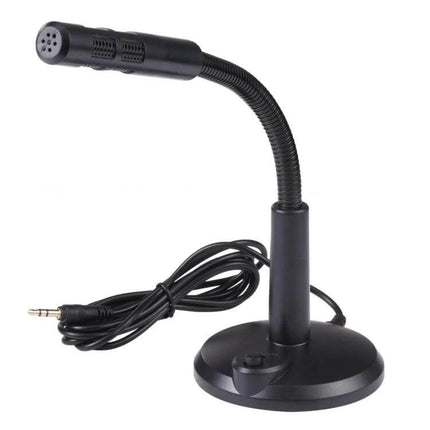 Easy-to-Use 3.5mm Plug Computer Microphone for Voice Calls and Recording on desk stand with flexible gooseneck and 360-degree omnidirectional pickup