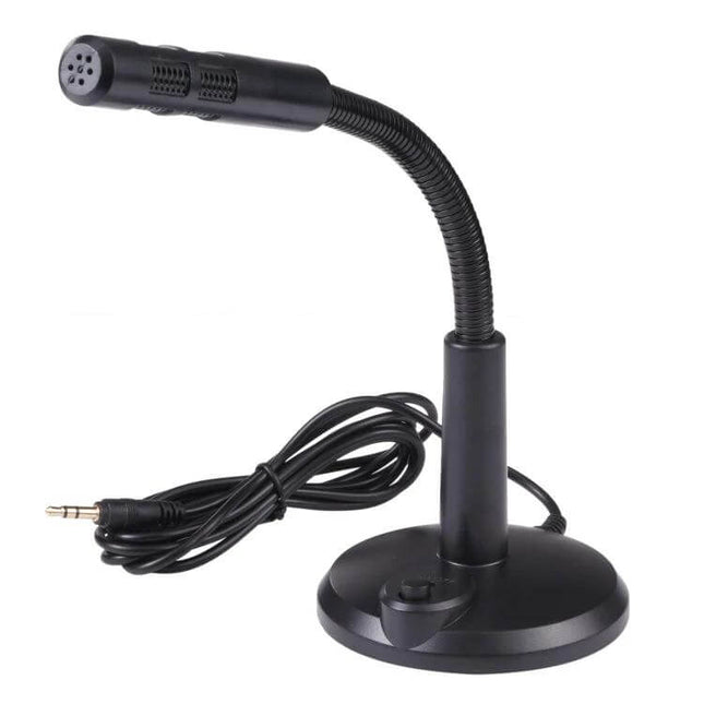 Easy-to-Use 3.5mm Plug Computer Microphone for Voice Calls and Recording on desk stand with flexible gooseneck and 360-degree omnidirectional pickup