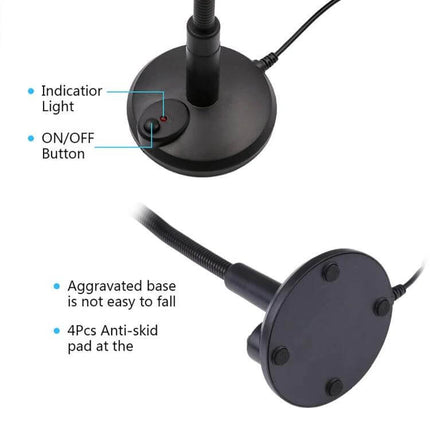 Easy-to-Use 3.5mm Plug Computer Microphone for Voice Calls and Recording — black desktop mic base with on/off button, indicator light and anti-skid pads