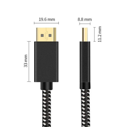 2-Meter DisplayPort Male to Male Cable for Device Connections braided cable with gold-plated DP connectors and dimensions shown