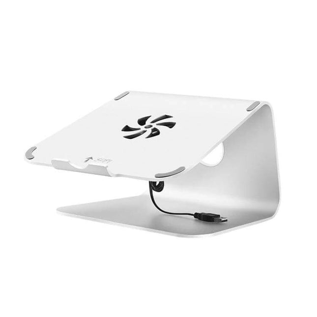 Sopi Ergonomic Aluminum Laptop Stand for Cooling and Ventilation, white aluminum stand with built-in fan and cable management