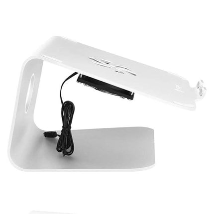 Sopi Ergonomic Aluminum Laptop Stand for Cooling and Ventilation in white showing tilted aluminum design and built-in ventilation fan