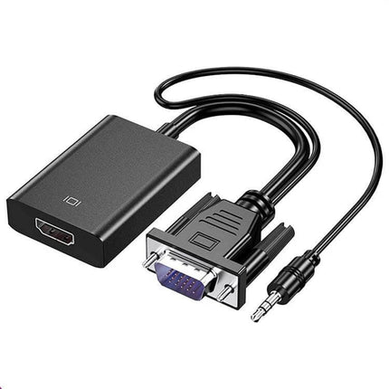 VGA to HDMI Converter with 1080P Support and Audio Cable for Displays black adapter showing VGA plug, HDMI output and 3.5mm audio cable
