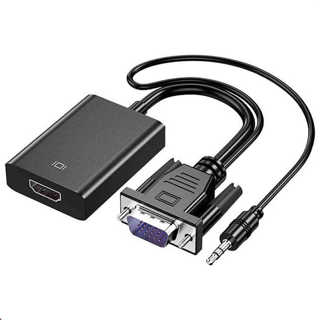 VGA to HDMI Converter with 1080P Support and Audio Cable for Displays black adapter showing VGA plug, HDMI output and 3.5mm audio cable