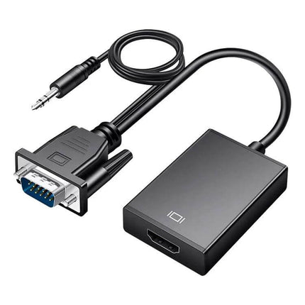 VGA to HDMI Converter with 1080P Support and Audio Cable for Displays - black adapter showing VGA plug, HDMI output and 3.5mm audio cable