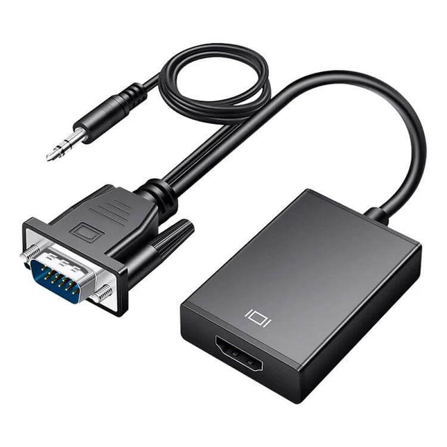VGA to HDMI Converter with 1080P Support and Audio Cable for Displays - black adapter showing VGA plug, HDMI output and 3.5mm audio cable
