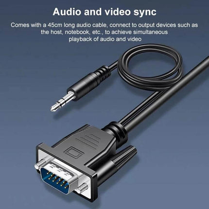 VGA to HDMI Converter with 1080P Support and Audio Cable for Displays showing VGA plug and 3.5mm audio cable for synced video and sound