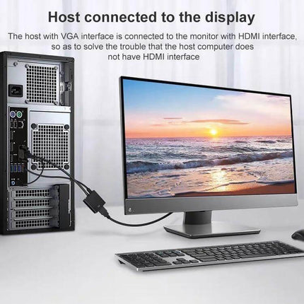 VGA to HDMI Converter with 1080P Support and Audio Cable for Displays showing older PC connected to modern monitor with sunset image