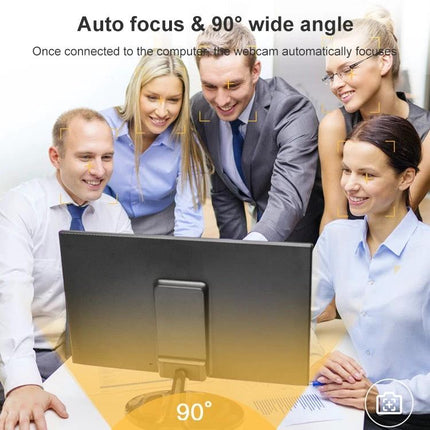Landshine 2K Webcam with Ring Light for Video Calls showing a 90° wide-angle office meeting setup with auto-focus and USB plug-and-play
