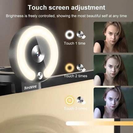 Landshine 2K Webcam with Ring Light for Video Calls showing touch screen adjustment and three brightness modes for clearer video