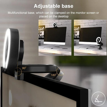 Landshine 2K Webcam with Ring Light for Video Calls showing adjustable clamp base for monitor or desktop with 90°–180° rotation and built-in ring light