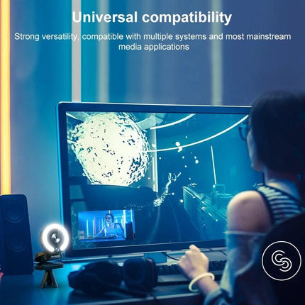 Landshine 2K Webcam with Ring Light for Video Calls on desk showing virtual meeting, USB plug-and-play and adjustable ring light for clear video