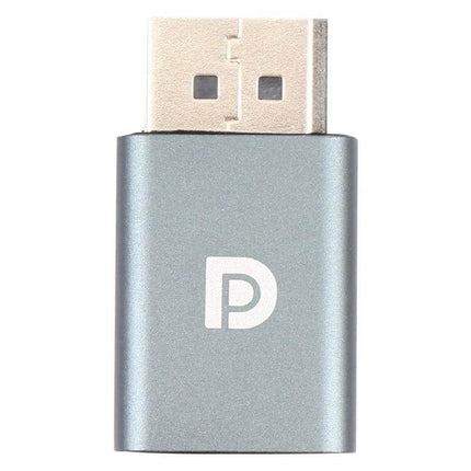 Mini DisplayPort Female to DisplayPort Male Adapter for Device Linking, compact gray aluminum DP adapter close-up