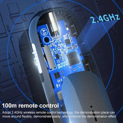 ASiNG Green Laser Wireless Presentation Pen with 32GB Storage showing internal 2.4GHz wireless module and 100m remote control