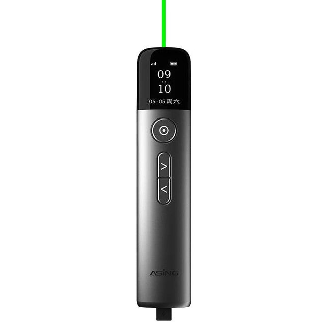 ASiNG A9 32GB Wireless Presenter Pen with Touch Laser Pointer showing LCD screen, control buttons and green laser beam